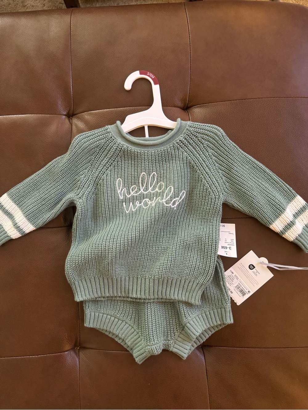 cloud island Sage Green Knit 'hello world' Sweater & Shorts Set